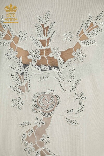 Tricotaj cu ridicata pentru femei Pulover - Maneca Trandafir Detaliat - Ecru - 15374 | KAZEE - Thumbnail