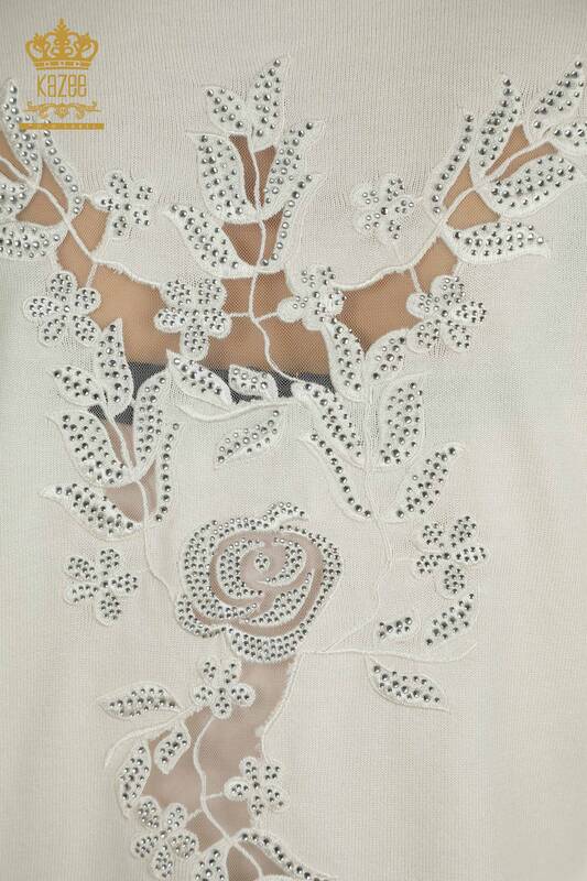 Tricotaj cu ridicata pentru femei Pulover - Maneca Trandafir Detaliat - Ecru - 15374 | KAZEE