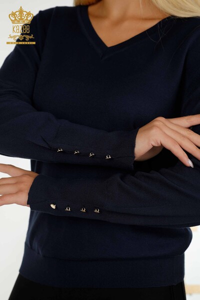 Pulover de tricotaj pentru femei cu ridicata - Cu Nasturi Detaliat - Bleumarin - 30139 | KAZEE - Thumbnail