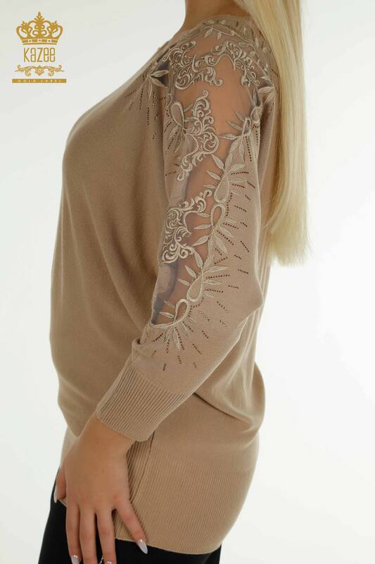 En-gros Tricotaj pentru femei Pulover - Tulle Detaliat - Bej - 15699 | KAZEE
