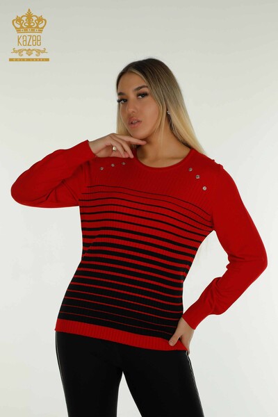Tricotaj cu ridicata pentru femei Pulover - Detaliat pe umeri - Roșu-Negru - 30079 | KAZEE - Thumbnail