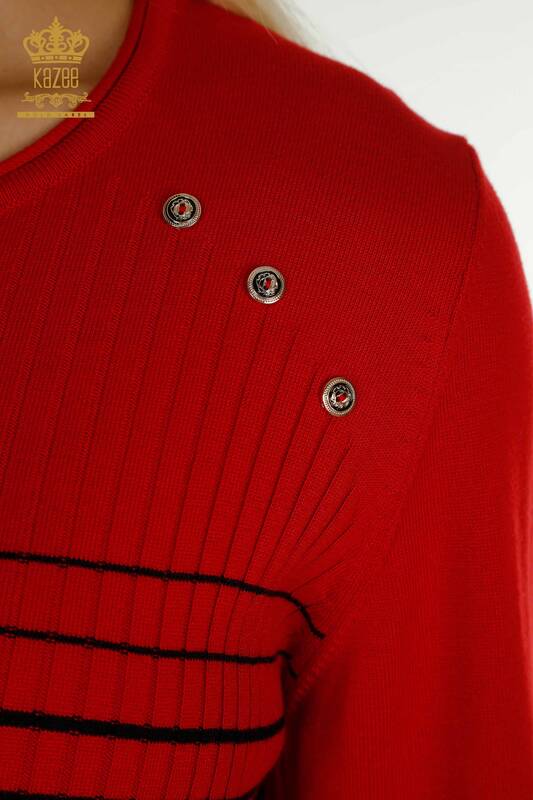 Tricotaj cu ridicata pentru femei Pulover - Detaliat pe umeri - Roșu-Negru - 30079 | KAZEE