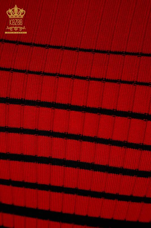 Tricotaj cu ridicata pentru femei Pulover - Detaliat pe umeri - Roșu-Negru - 30079 | KAZEE