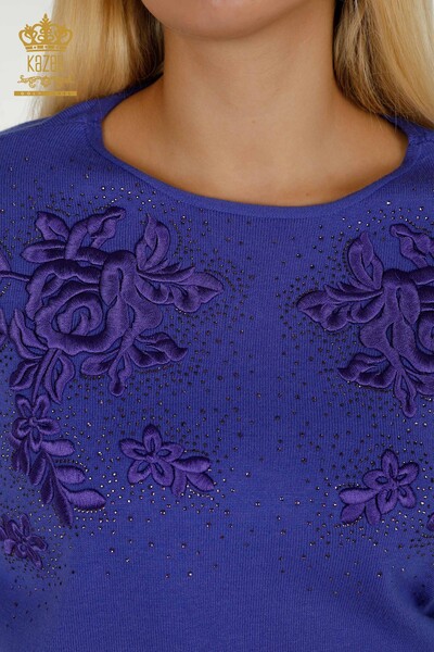 Pulover de tricotaje pentru femei cu ridicata - Brodat cu piatra - Violet - 16799 | KAZEE - Thumbnail (2)
