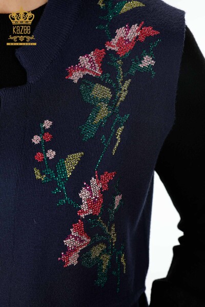 En-gros pentru femei tricotaje vestă cu flori colorate brodate buzunar lung - 16844 | KAZEE - Thumbnail