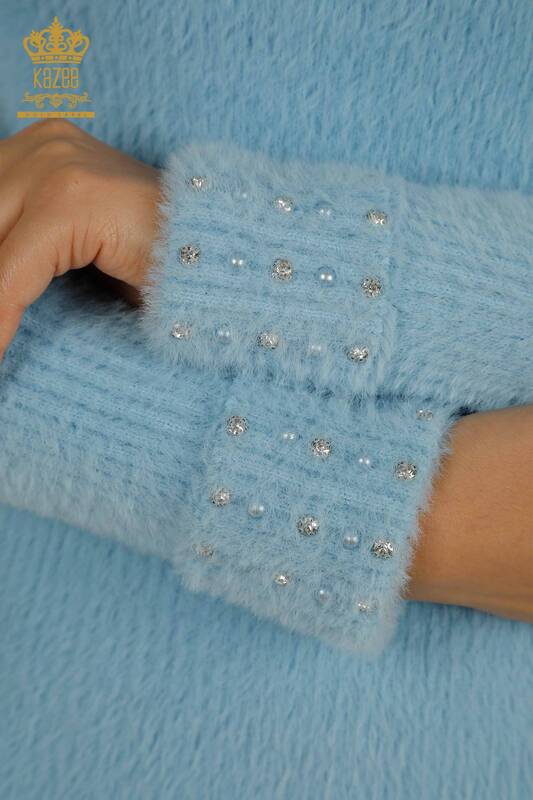 Tricotaj de damă cu ridicata - Angora - Mărgele de piatră - Albastru - 30769 | KAZEE
