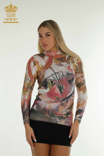 Pulover de tricotaje de damă cu ridicata - Angora - cu model de flori - Digital - 40043 | KAZEE - Thumbnail
