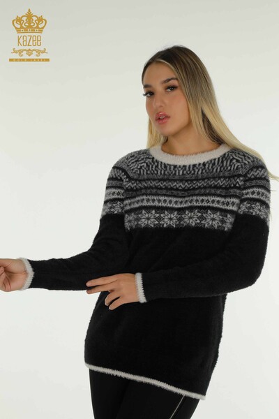 Pulover de tricotaje pentru femei cu ridicata - Angora - Cu model - Negru - 30681 | KAZEE - Thumbnail