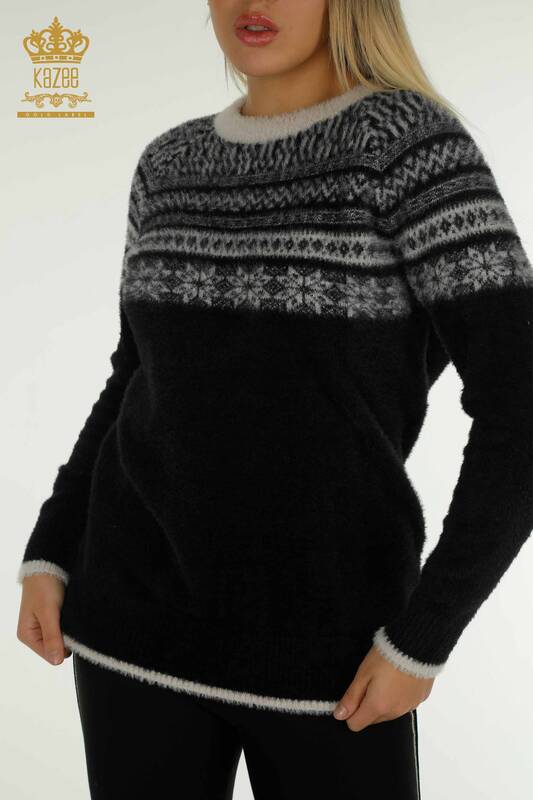 Pulover de tricotaje pentru femei cu ridicata - Angora - Cu model - Negru - 30681 | KAZEE