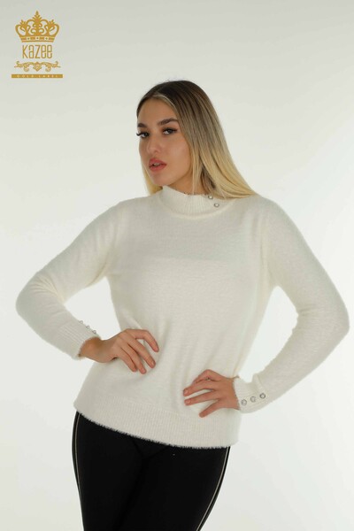 Pulover de tricotaj de damă cu ridicata - Angora - Detaliat cu nasturi - Ecru - 30667 | KAZEE - Thumbnail