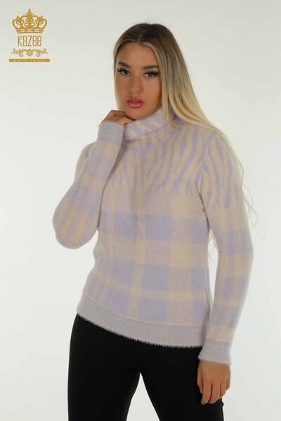 Pulover de tricotaje de damă cu ridicata - Angora - Cu model - Liliac - 30320 | KAZEE - Thumbnail