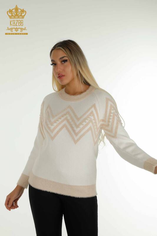 Pulover de tricotaj pentru damă cu ridicata - Angora Detaliat mărgele - Ecru - 30232 | KAZEE