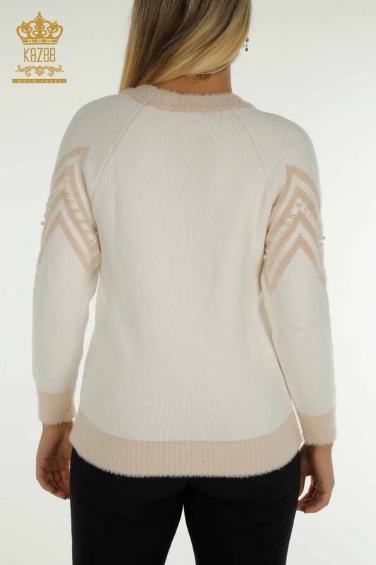 Pulover de tricotaj pentru damă cu ridicata - Angora Detaliat mărgele - Ecru - 30232 | KAZEE
