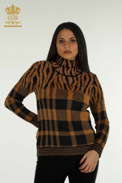 Pulover de tricotaj pentru damă cu ridicata - Angora - Cu model - Maro - 30320 | KAZEE - Thumbnail