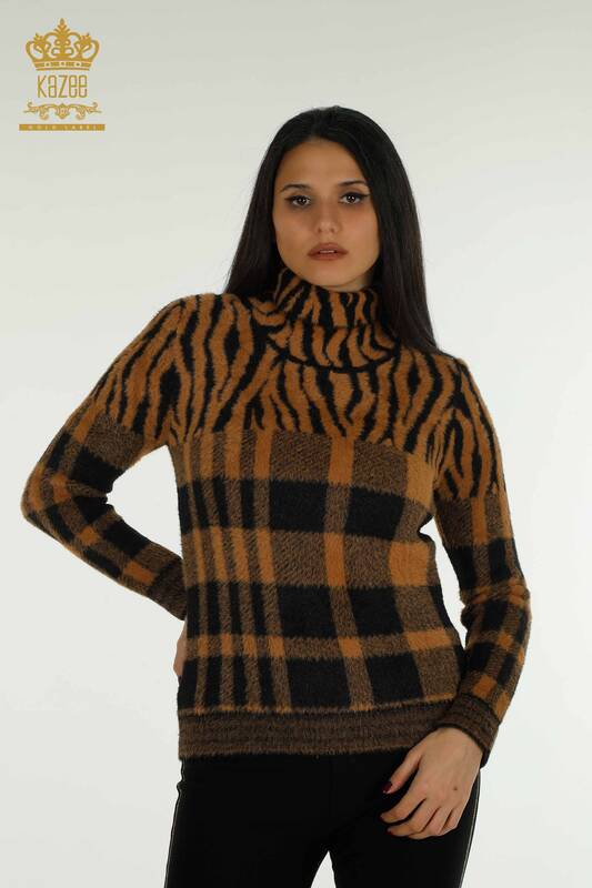 Pulover de tricotaj pentru damă cu ridicata - Angora - Cu model - Maro - 30320 | KAZEE