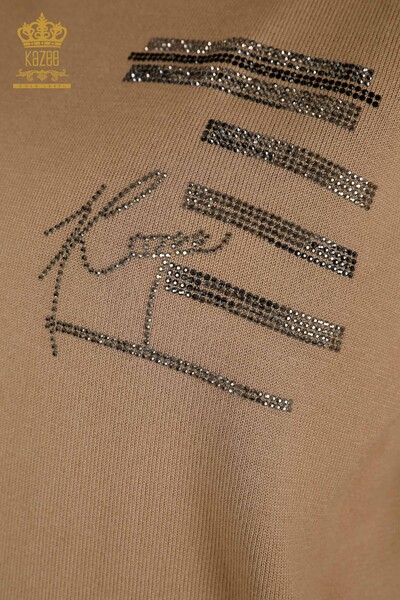 Pulover de tricotaj pentru femei cu ridicata - Brodat cu piatra - Bej - 30491 | KAZEE - Thumbnail