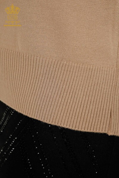 Pulover de tricotaj pentru femei cu ridicata - Brodat cu piatra - Bej - 30491 | KAZEE - Thumbnail