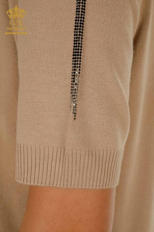Pulover de tricotaj pentru femei cu ridicata - Brodat cu piatra - Bej - 30491 | KAZEE