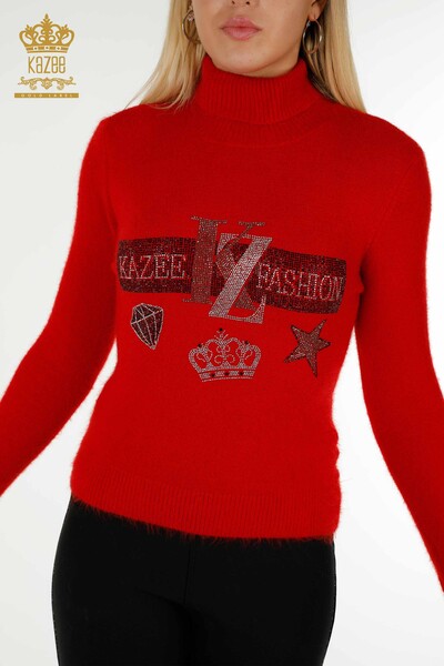 Pulover de tricotaje de damă cu ridicata - Brodat cu piatră - Angora - Roșu - 18894 | KAZEE - Thumbnail