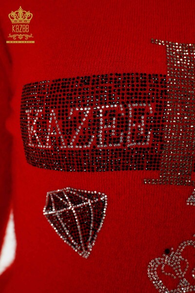 Pulover de tricotaje de damă cu ridicata - Brodat cu piatră - Angora - Roșu - 18894 | KAZEE - Thumbnail