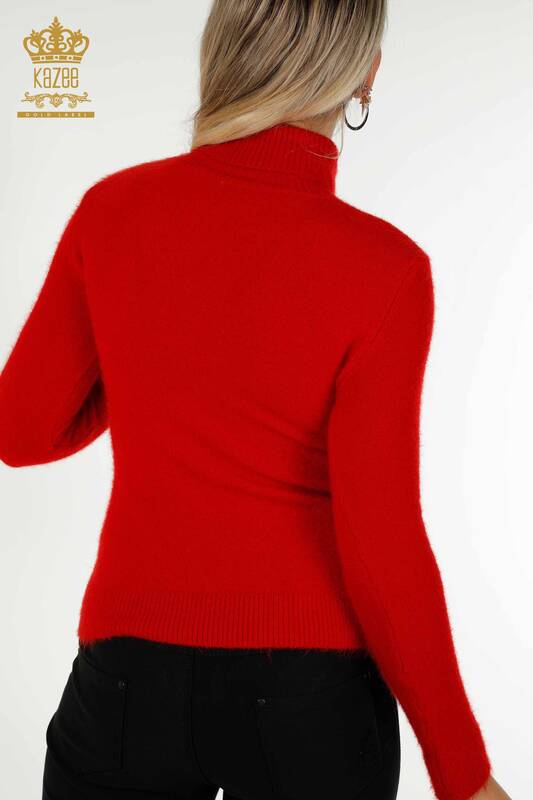 Pulover de tricotaje de damă cu ridicata - Brodat cu piatră - Angora - Roșu - 18894 | KAZEE