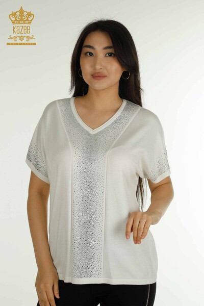 Pulover de tricotaj pentru femei cu ridicata - Brodat cu piatra - Ecru - 30761 | KAZEE - Thumbnail