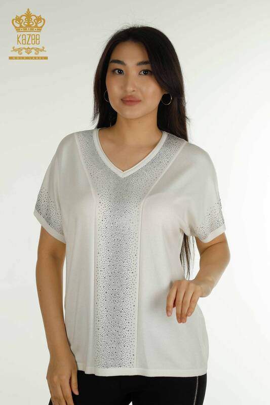 Pulover de tricotaj pentru femei cu ridicata - Brodat cu piatra - Ecru - 30761 | KAZEE