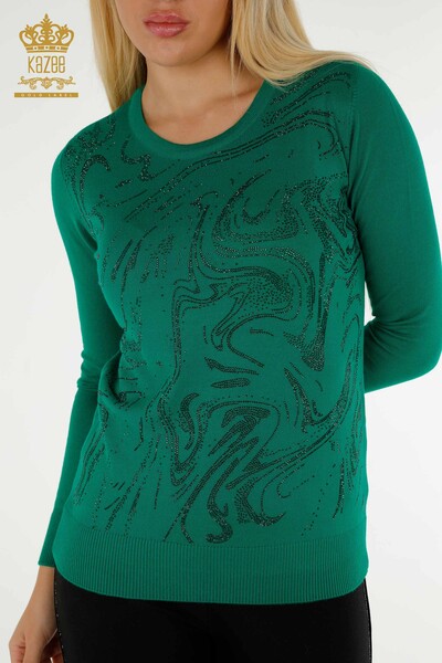 Pulover de tricotaj pentru femei cu ridicata - Brodat cu piatra - Verde - 30594 | KAZEE - Thumbnail