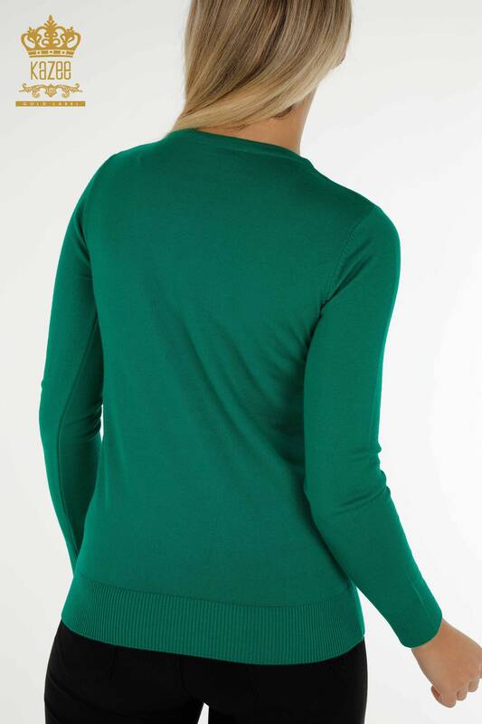 Pulover de tricotaj pentru femei cu ridicata - Brodat cu piatra - Verde - 30594 | KAZEE