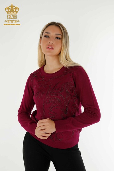 Pulover de tricotaje pentru femei cu ridicata - Brodat cu piatra - Liliac - 30594 | KAZEE - Thumbnail
