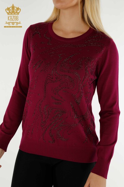 Pulover de tricotaje pentru femei cu ridicata - Brodat cu piatra - Liliac - 30594 | KAZEE - Thumbnail