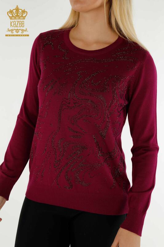 Pulover de tricotaje pentru femei cu ridicata - Brodat cu piatra - Liliac - 30594 | KAZEE