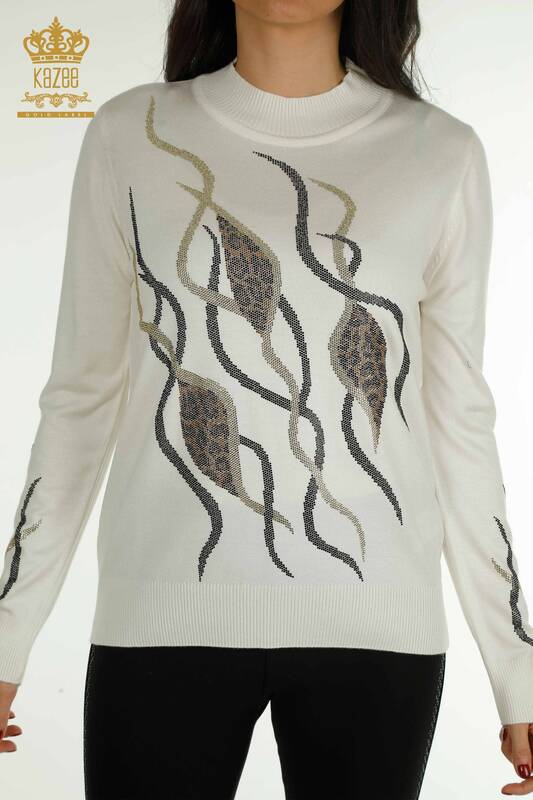 Pulover de tricotaj pentru damă cu ridicata - Brodat cu piatră - Ecru - 30096 | KAZEE