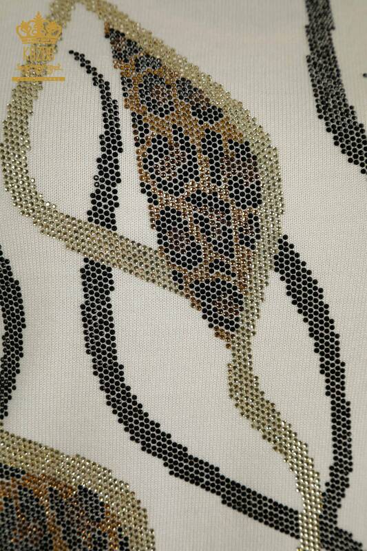 Pulover de tricotaj pentru damă cu ridicata - Brodat cu piatră - Ecru - 30096 | KAZEE