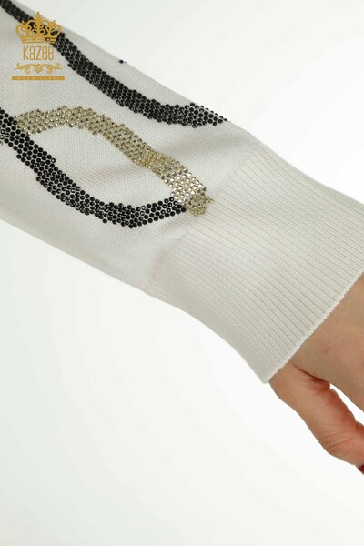 Pulover de tricotaj pentru damă cu ridicata - Brodat cu piatră - Ecru - 30096 | KAZEE - Thumbnail