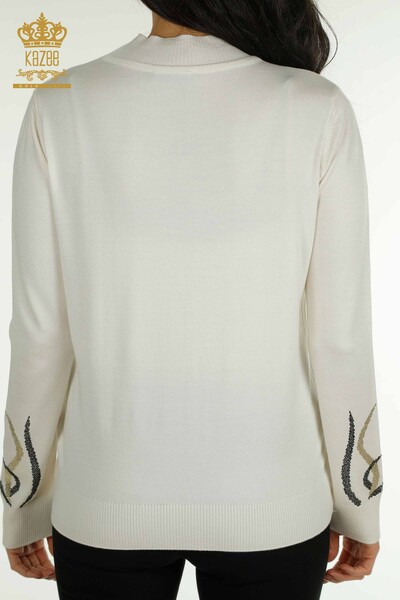 Pulover de tricotaj pentru damă cu ridicata - Brodat cu piatră - Ecru - 30096 | KAZEE - Thumbnail