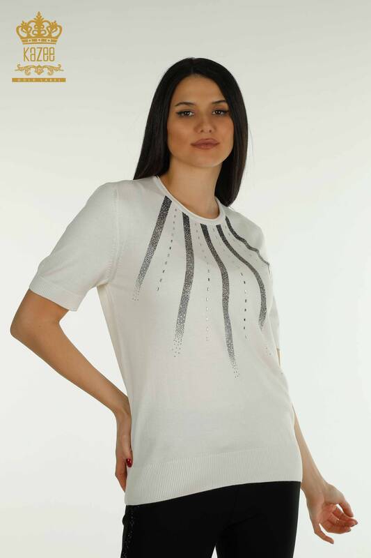 Pulover de tricotaje pentru femei cu ridicata - Brodat cu piatra - Ecru - 30460 | KAZEE