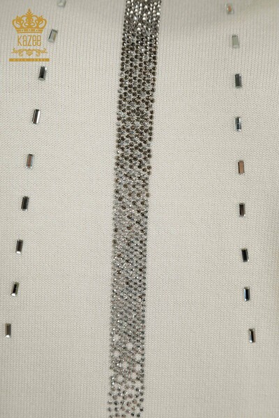 Pulover de tricotaje pentru femei cu ridicata - Brodat cu piatra - Ecru - 30460 | KAZEE - Thumbnail