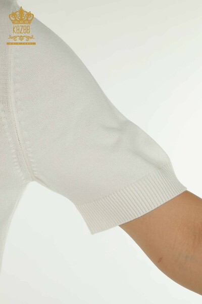 Pulover de tricotaje pentru femei cu ridicata - Brodat cu piatra - Ecru - 30460 | KAZEE - Thumbnail