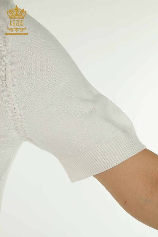 Pulover de tricotaje pentru femei cu ridicata - Brodat cu piatra - Ecru - 30460 | KAZEE