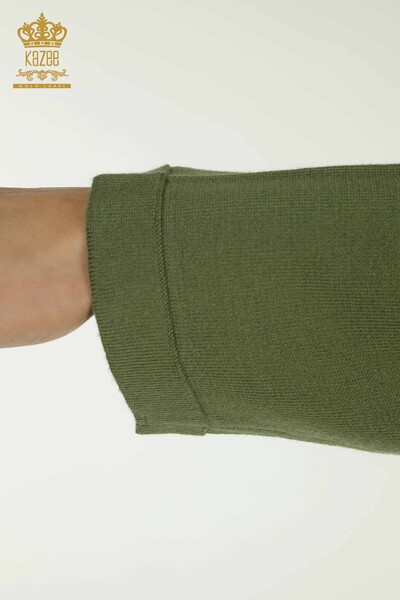 Pulover de tricotaj pentru femei cu ridicata - Brodat cu piatra - Kaki - 30750 | KAZEE - Thumbnail