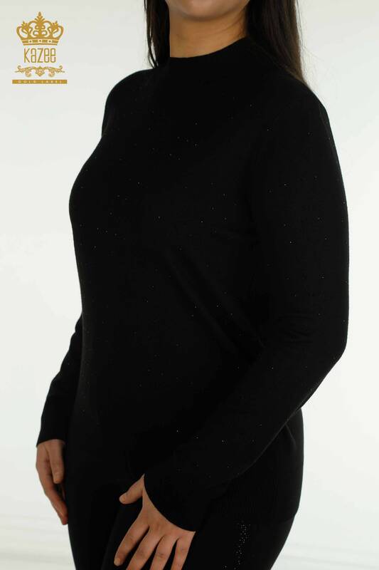 Pulover de tricotaj pentru femei - cu piatra brodata - negru - 30677 | KAZEE