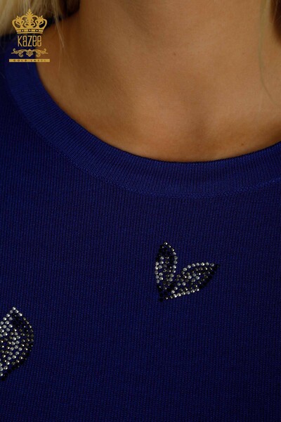 Pulover de tricotaj pentru femei cu ridicata - Brodat cu piatra - Saks - 30471 | KAZEE - Thumbnail