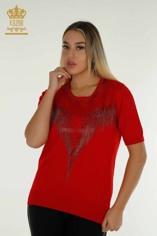 Pulover de tricotaj pentru damă cu ridicata - Cristal - Brodat cu piatră - Roșu - 30330 | KAZEE