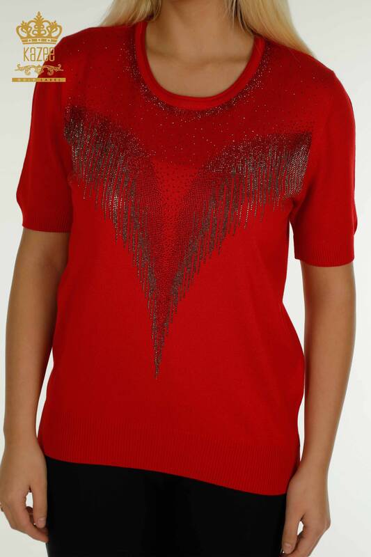 Pulover de tricotaj pentru damă cu ridicata - Cristal - Brodat cu piatră - Roșu - 30330 | KAZEE