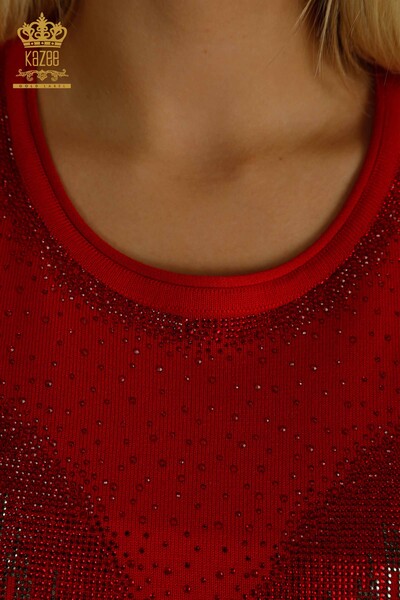 Pulover de tricotaj pentru damă cu ridicata - Cristal - Brodat cu piatră - Roșu - 30330 | KAZEE - Thumbnail