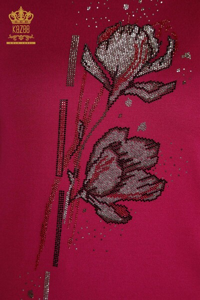 En-gros Tricotaj pentru damă Pulover - Motiv floral - Fucsia - 30656 | KAZEE - Thumbnail
