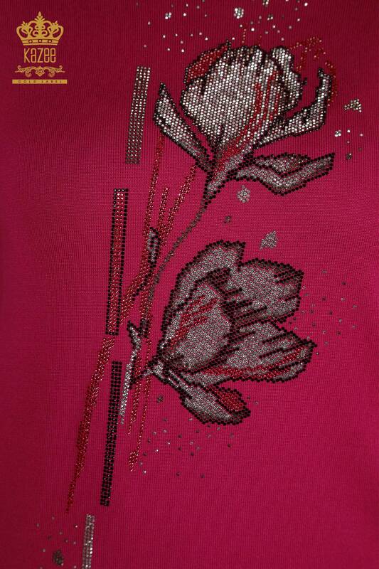 En-gros Tricotaj pentru damă Pulover - Motiv floral - Fucsia - 30656 | KAZEE