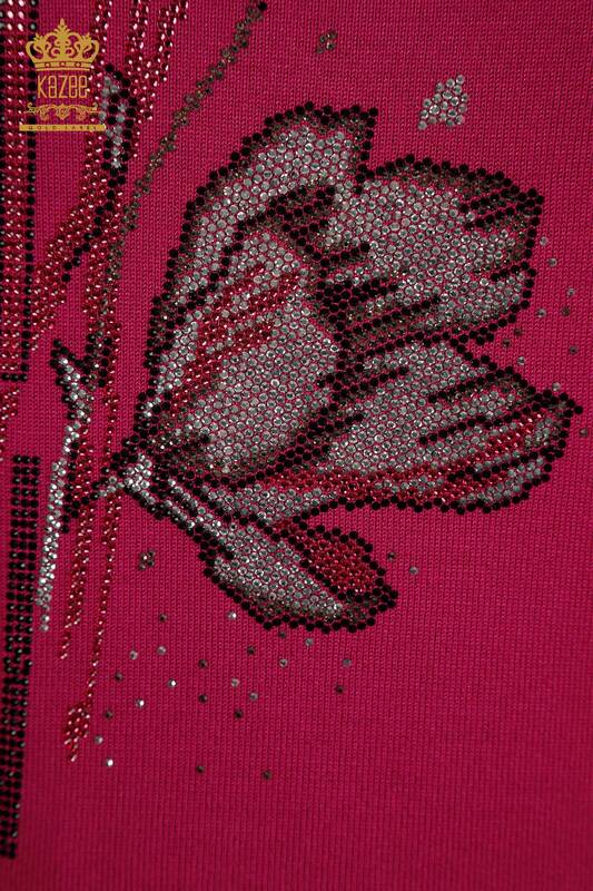 En-gros Tricotaj pentru damă Pulover - Motiv floral - Fucsia - 30656 | KAZEE