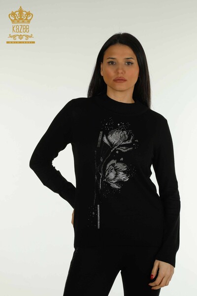 Pulover de tricotaj pentru femei - Floral Cu model - negru - 30656 | KAZEE - Thumbnail